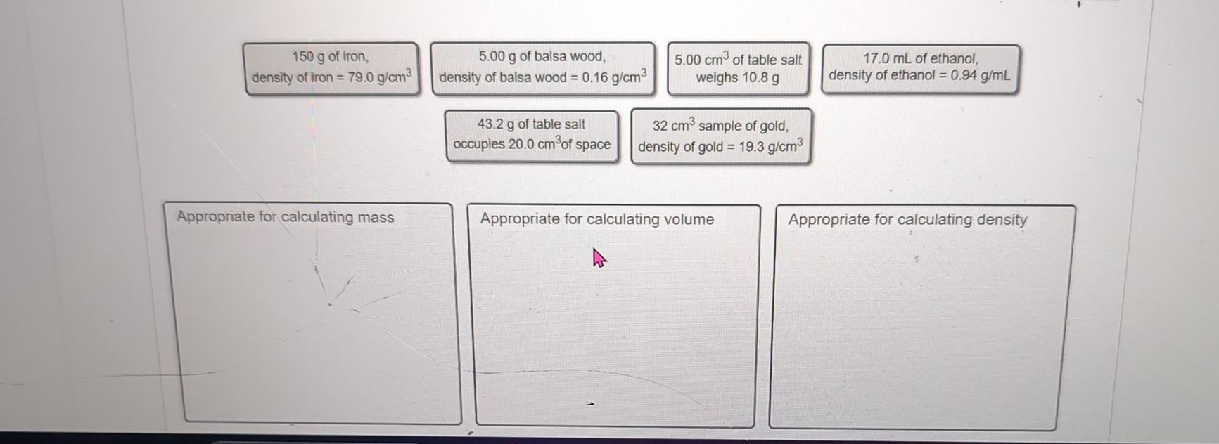 Solved 150g ﻿of iron,density of iron =79.0gcm35.00g of