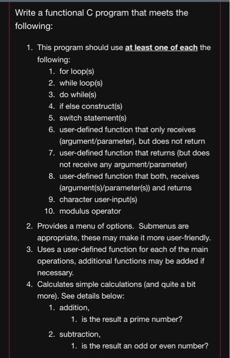Solved Write a functional C program that meets the | Chegg.com