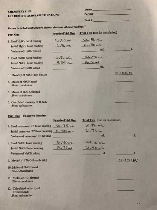 Solved CHEMISTRY 1110L LAB REPORT ACID/BASE TITRATIONS Name