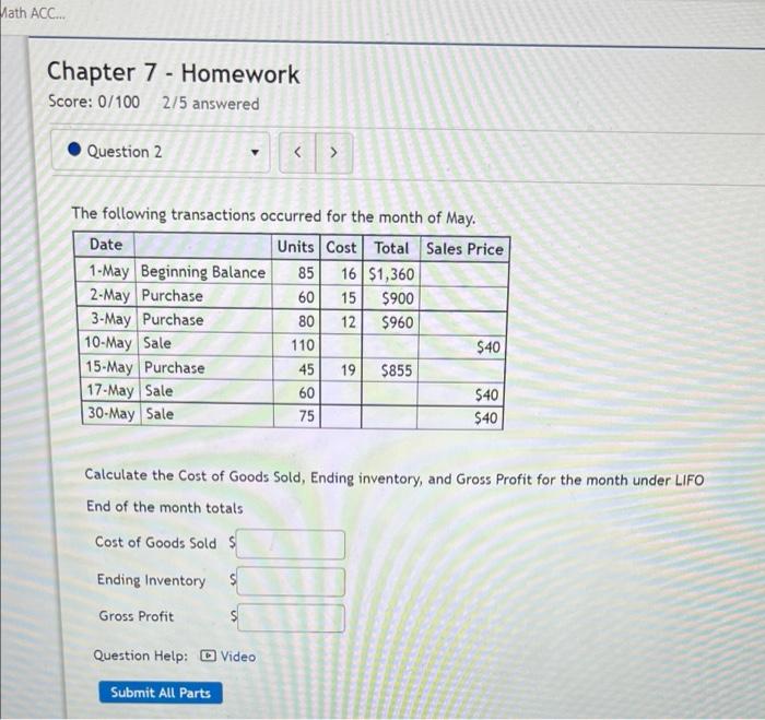 Solved Math ACC... Chapter 7 - Homework Score: 0/100 2/5 | Chegg.com