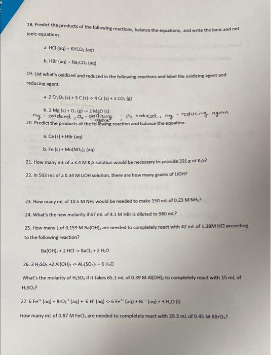 Solved 18. Predict The Products Of The Following Reactions, | Chegg.com