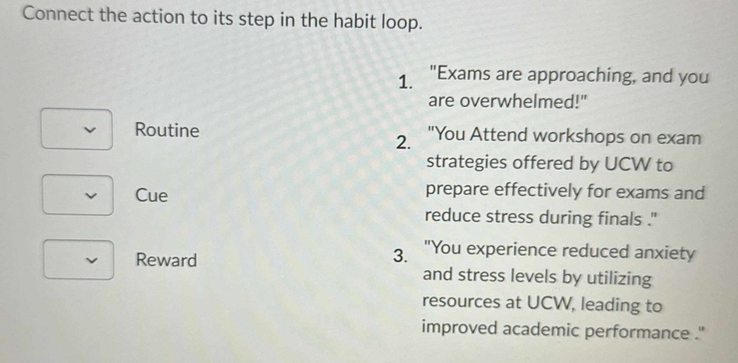 Solved Connect the action to its step in the habit | Chegg.com