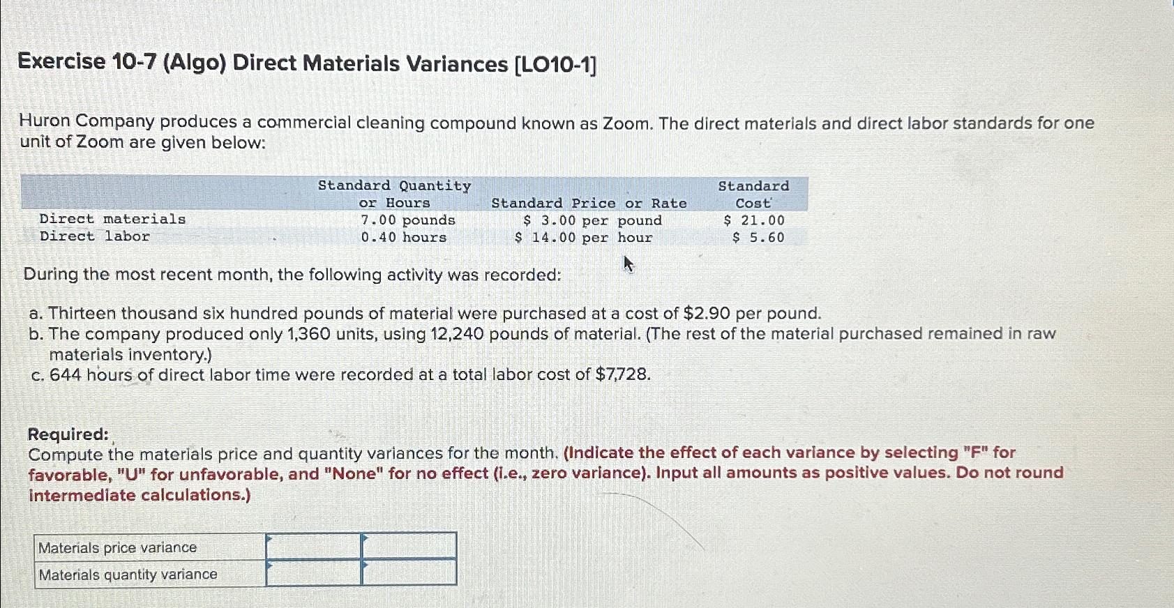 Solved Exercise 10-7 (Algo) ﻿Direct Materials Variances | Chegg.com