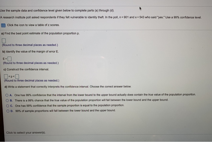 Solved Use the sample data and confidence level given below | Chegg.com