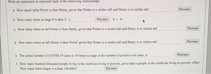 a. How much taller Porter is than Henry, given that Porter is \( n \) inches tall and Henry is \( m \) inches tall.
b. How ma