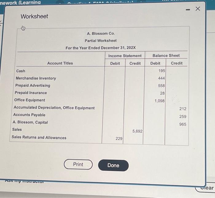 Solved From the worksheet, prepare the assets section of a | Chegg.com
