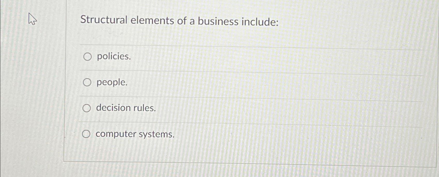 Solved Structural elements of a business | Chegg.com