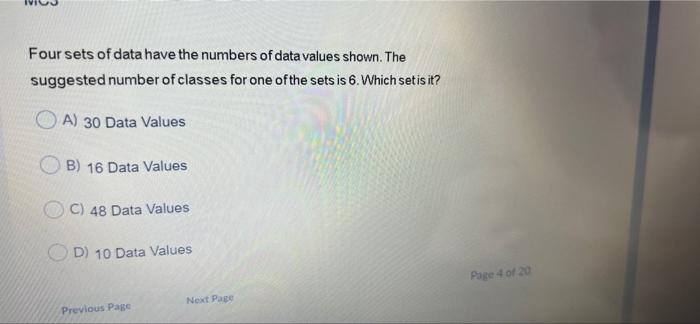 Solved Four sets of data have the numbers of data values | Chegg.com