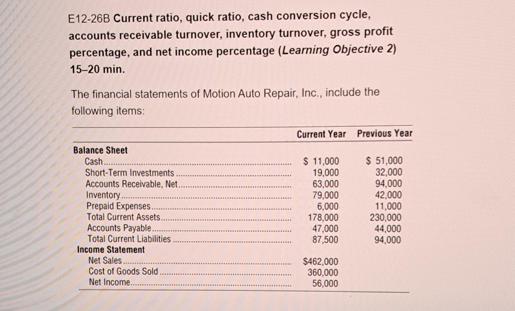 Solved E12-26B Current Ratio, Quick Ratio, Cash Conversion | Chegg.com