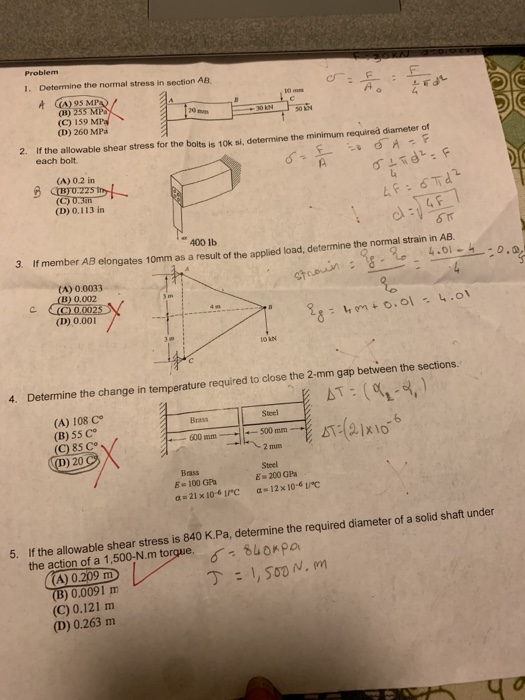 Solved Problem 1. Determine the normal stress in section AB | Chegg.com