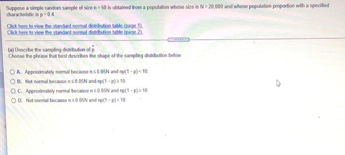 Solved Suppose a simple random sample of size = 50 is | Chegg.com