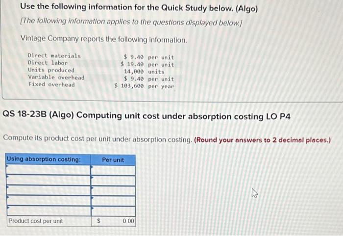 Solved Use the following information for the Quick Study | Chegg.com