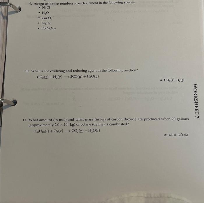 Solved 9. Assign oxidation numbers to each element in the | Chegg.com