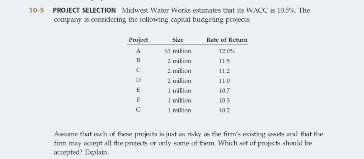 Solved 105 PROJECT SELECTION Midwest Water Works estimates