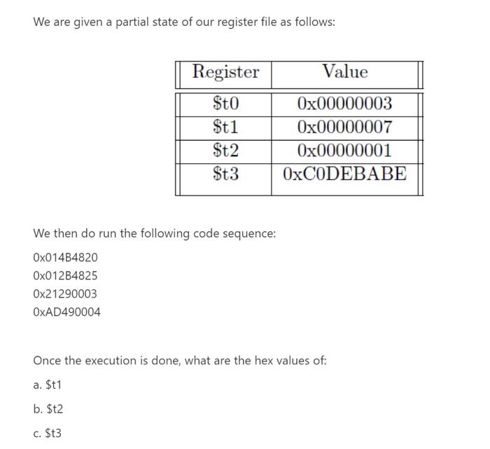 Solved We are given a partial state of our register file as | Chegg.com
