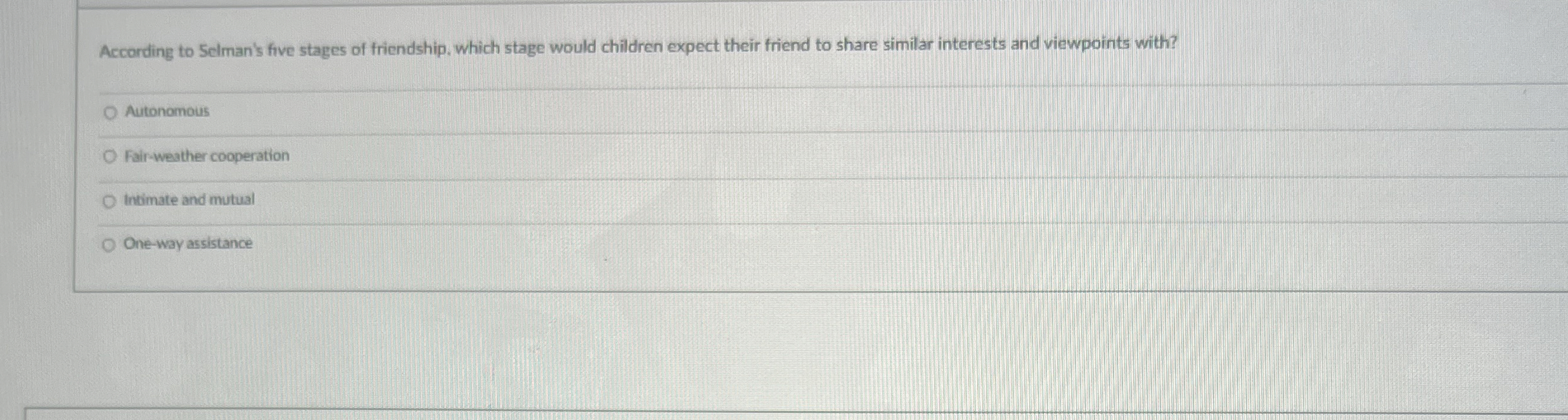 Solved According to Selman's five stages of friendship, | Chegg.com