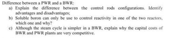 Difference between a PWR and a BWR:
a) Explain the difference between the control rods configurations. Identify advantages an