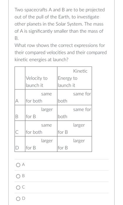 Solved Two Spacecrafts A And B Are To Be Projected Out Of | Chegg.com