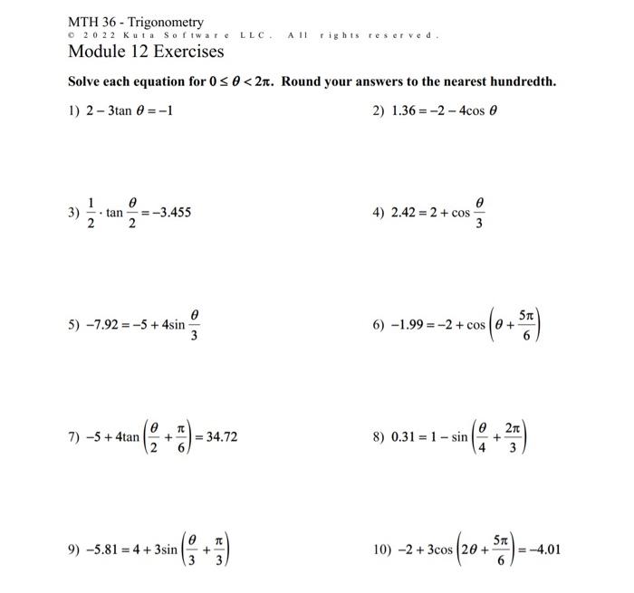 Solved MTH 36 - Trigonometry 02022 K uta SoftwarelLC. A 11 | Chegg.com