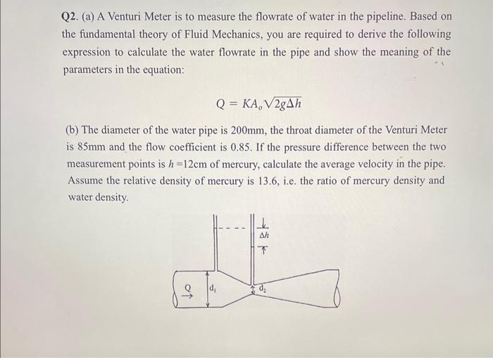 Solved Q2. (a) A Venturi Meter is to measure the flowrate of | Chegg.com