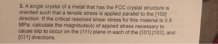 Solved 3. A single crystal of a metal that has the FCC | Chegg.com