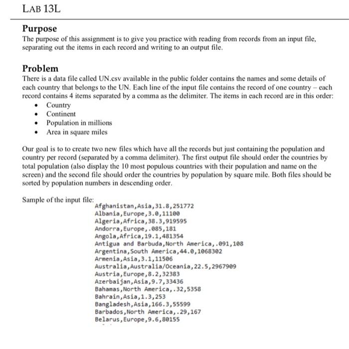 Solved LAB 13L Purpose The purpose of this assignment is to | Chegg.com