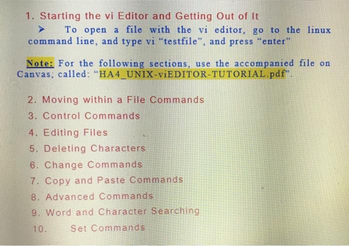 Solved 1. Starting the vi Editor and Getting Out of It To | Chegg.com