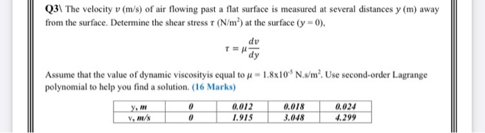 Solved Q31 The velocity v (m/s) of air flowing past a flat | Chegg.com