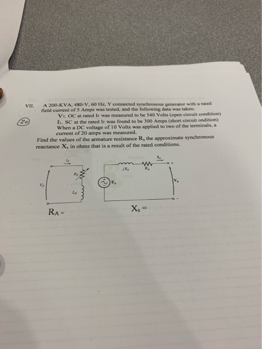 Solved VII. A 200-KVA, 480-V. 60 Hz, Y connected synchronous | Chegg.com