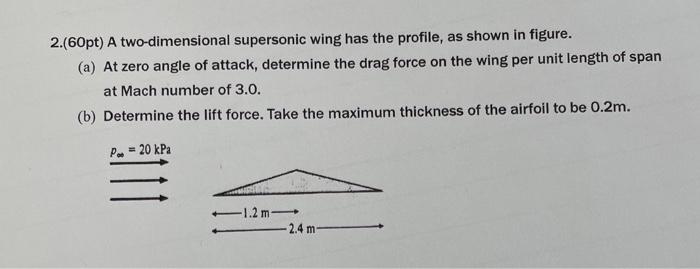 2.(60pt) A two-dimensional supersonic wing has the profile, as shown in figure.
(a) At zero angle of attack, determine the dr