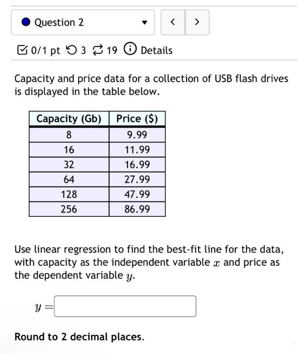 Solved Question 2 Capacity (Gb) 8 16 32 64 128 256 0/1 pt 3 | Chegg.com