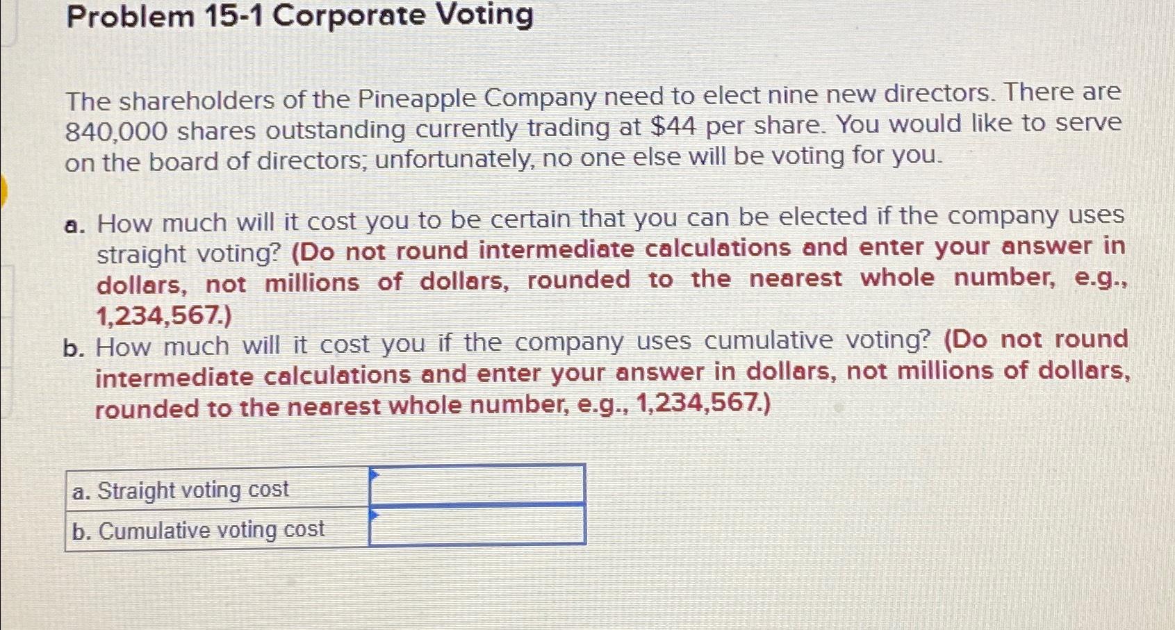 Solved Problem 15-1 ﻿Corporate VotingThe Shareholders Of The | Chegg.com