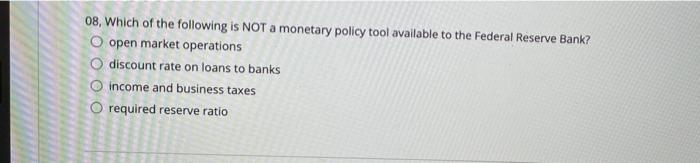 Solved 08, Which of the following is NOT a monetary policy | Chegg.com