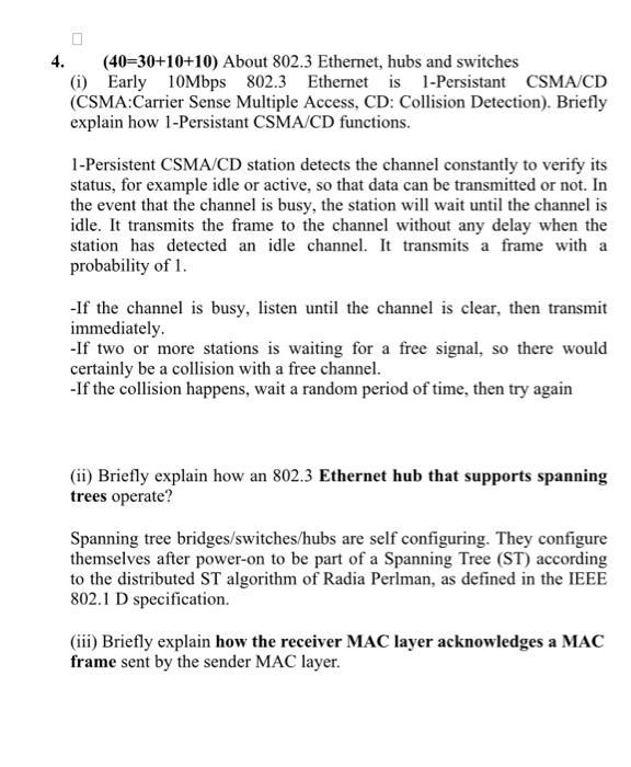 Solved 4. (40=30+10+10) About 802.3 hubs and