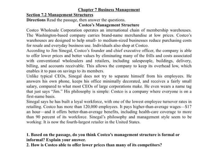 Solved Chapter 7 Business Management Section 7.2 Management | Chegg.com