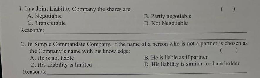 Solved 1. In A Joint Liability Company The Shares Are: A. | Chegg.com