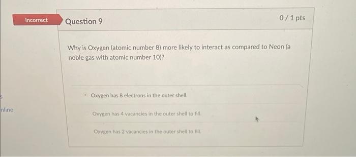 Why is Oxygen (atomic number 8 ) more likely to interact as compared to Neon (a noble gas with atomic number 10\( ) \) ?
Oxyg