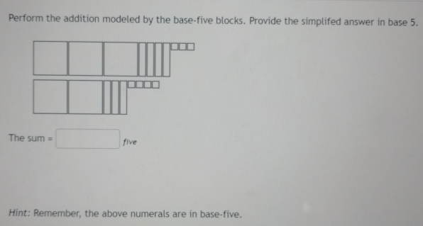 Solved Perform the addition modeled by the base-five blocks. | Chegg.com