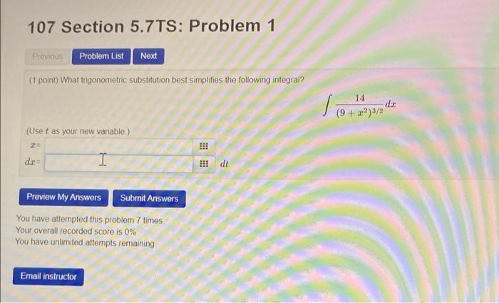 Solved 107 Section 5.7TS: Problem 1 Provious Problem List | Chegg.com