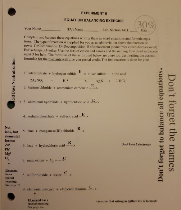 Solved EXPERIMENT 8 EQUATION BALANCING EXERCISE (30% Your | Chegg.com