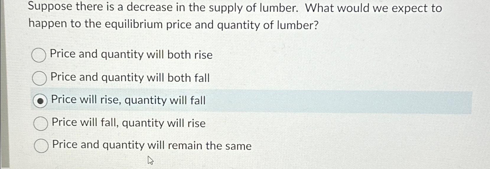 Solved Suppose there is a decrease in the supply of lumber. | Chegg.com