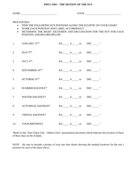 PHYS 1404 - THE MOTION OF THE SUN NAME DATE | Chegg.com