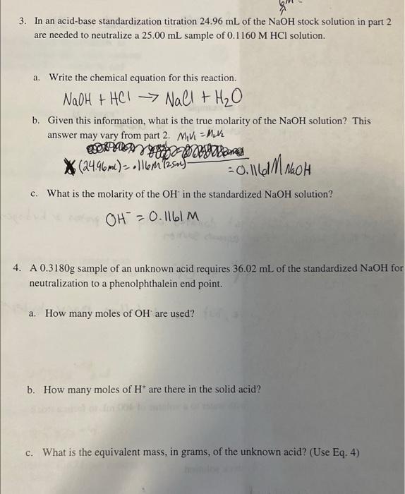 Solved 3. In an acid-base standardization titration 24.96 mL | Chegg.com
