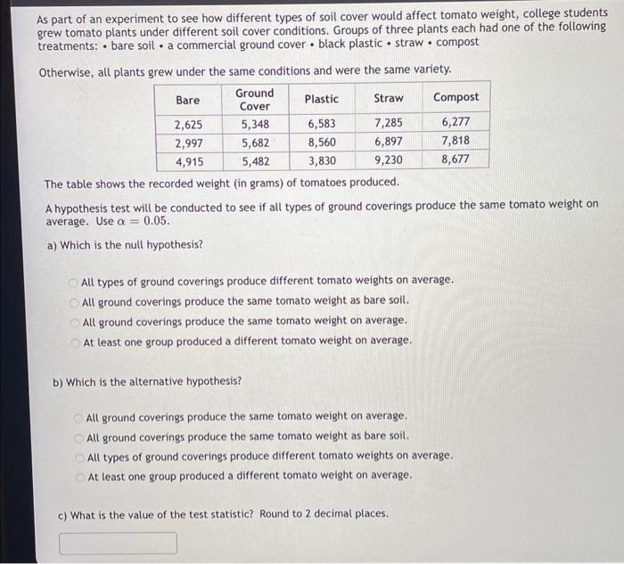 As part of an experiment to see how different types of soil cover would affect tomato weight, college students grew tomato pl