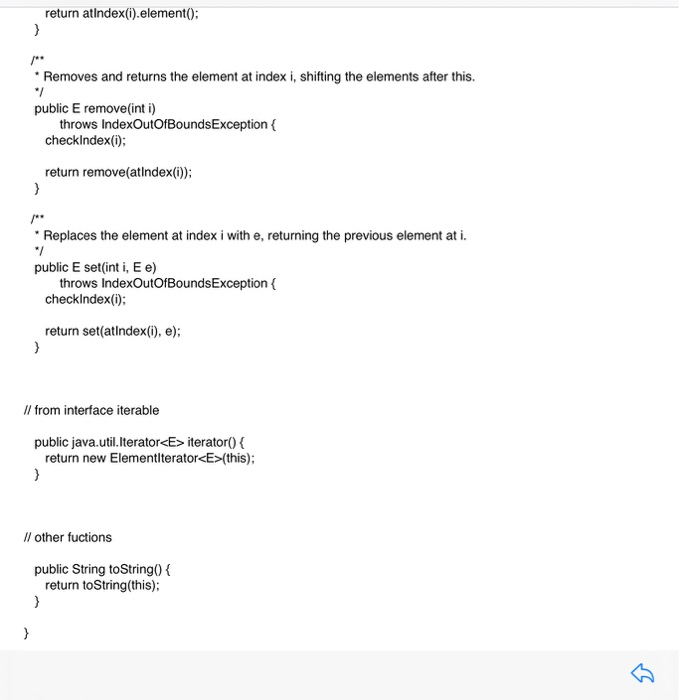 return atIndex().element(): Removes and returns the element at index i, shifting the elements after this. public E remove(int