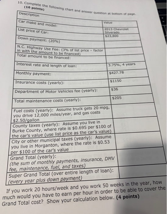 Solved 10. Complete the following chart and answer question