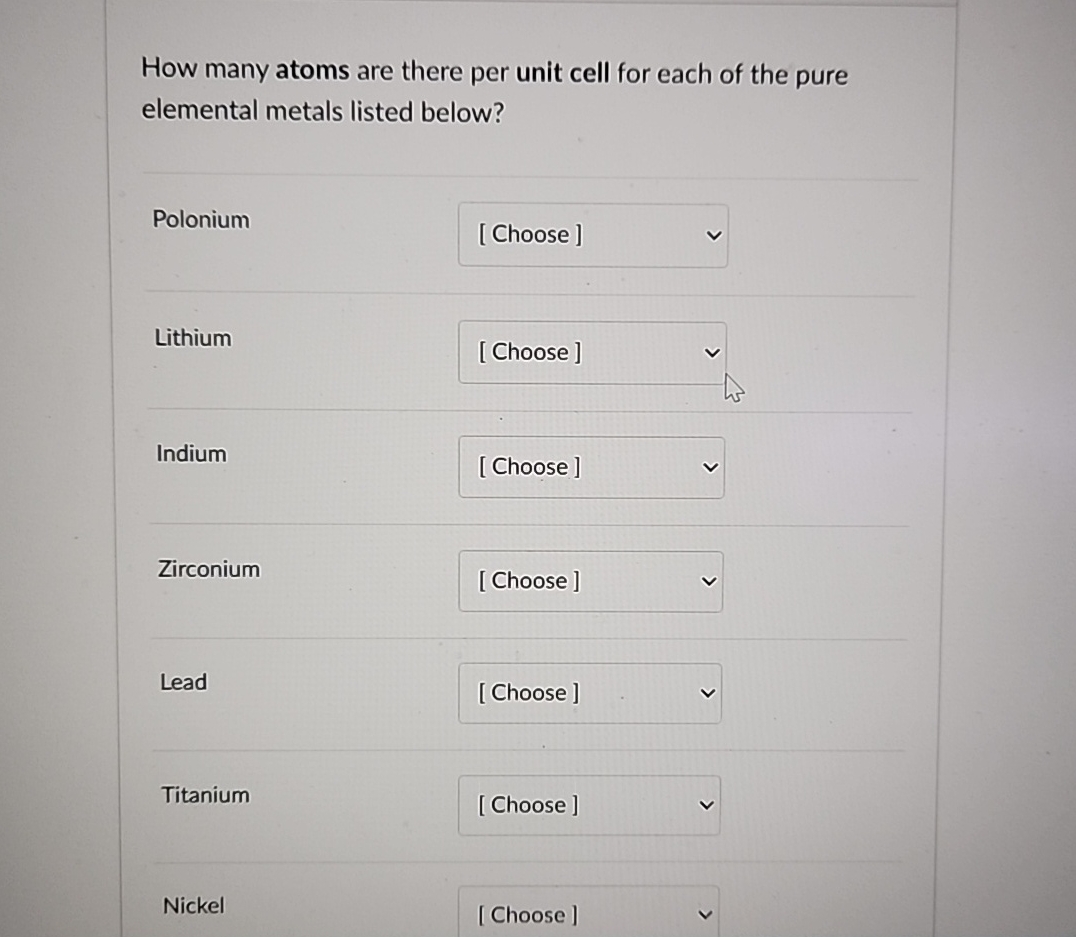 How many atoms are there per unit cell for each of | Chegg.com