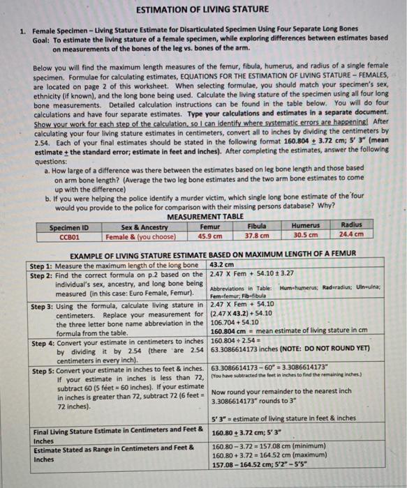 Estimation Of Living Stature 1 Female Specimen Chegg Com