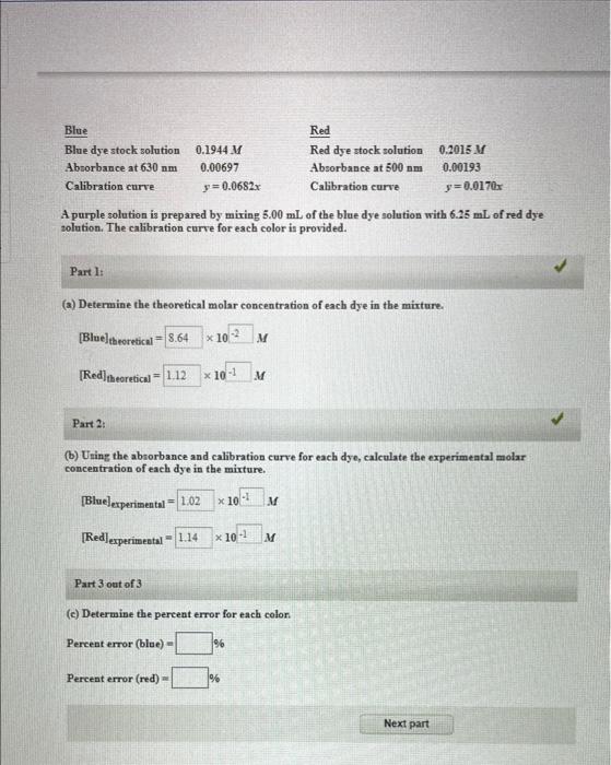 Solved Blue Red Blue dye stock solution 0.1944 Red dye stock