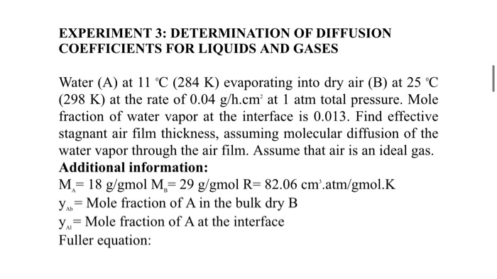 Solved Experiment 3 Determination Of Diffusion Coefficients Chegg Solved Experiment 3 Determination Of Diffusion Coefficients Chegg